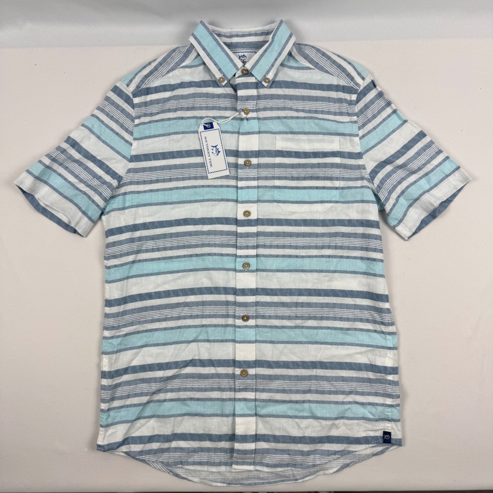 Southern Tide Mens Stonehill Striped Short Sleeve Linen Blend Shirt Blue Small